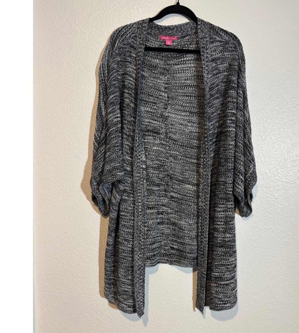 Woman Within Sz 18/20 Open-Front Knit Cardigan Black White Marled Drop Shoulder
